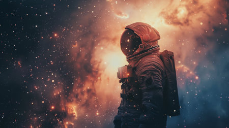 A man wearing a space suit stands in front of a sky filled with stars.の素材