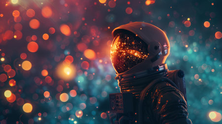 A man in a space suit stands before a cluster of stars in space.の素材