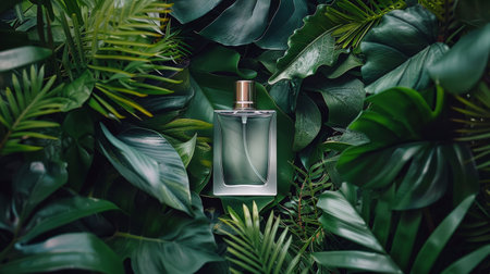 A bottle of perfume placed on top of a vibrant and healthy plant overflowing with green foliage.の素材