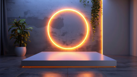 A room featuring a potted plant placed beside a round light source, illuminating the space with a soft glow.の素材