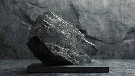 A massive rock rests atop a solid cement surface, contrasting in texture and color.の素材