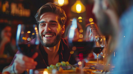 A group of people standing together, each holding a glass of wine.の素材