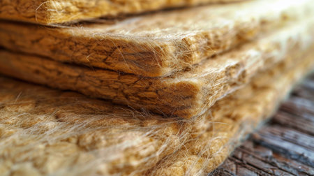 Detailed close-up view of a neat stack of wooden planks arranged vertically.の素材