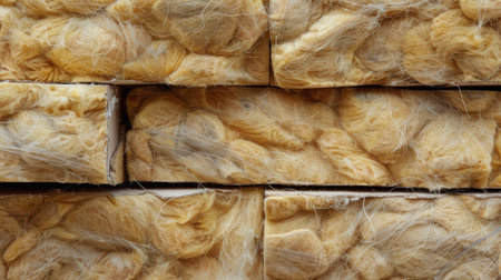 Detailed close-up view of a neat stack of wooden planks arranged vertically.の素材