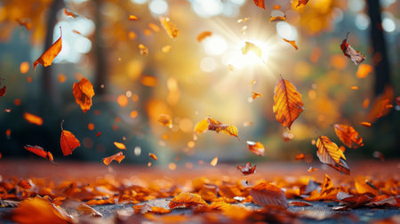 Numerous leaves scattered in a heap on the forest floor, creating a natural carpet of autumn foliage.の素材