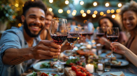 A group of people standing together, each holding a glass of wine.の素材