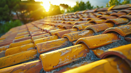 A detailed view of a bright yellow roof in the foreground with green trees in the background under a clear sky.の素材