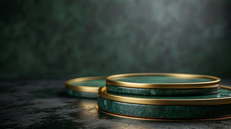 A detailed view of two green plates placed neatly on a wooden table.の素材