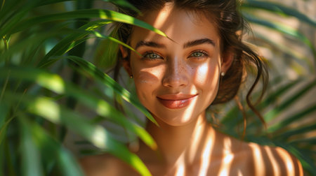 A close-up of a woman with a joyful smile, set against a backdrop of a palm tree.の素材