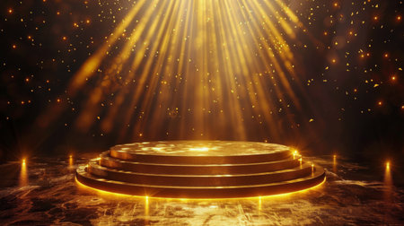 A stage illuminated by spotlights with a podium at the center, ready for a speaker or performer.の素材