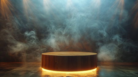Three round wooden tables are seen in a room where smoke is coming out of the walls.の素材