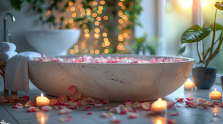 A bathtub filled to the brim with vibrant rose petals and surrounded by flickering candles creating a romantic ambiance.の素材