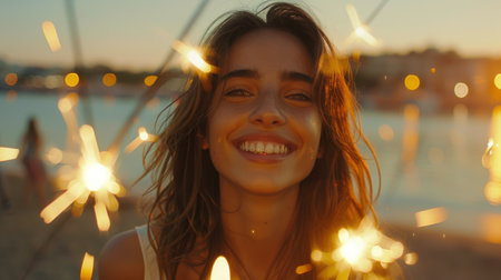 A woman wearing a red hat holds a sparkler outdoors.の素材
