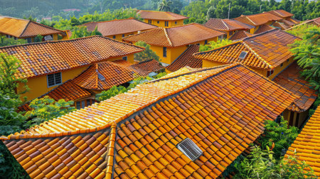 Detailed view of a roof featuring orange and yellow tiles, showing the intricate pattern and texture.の素材