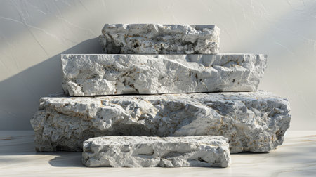 A pile of rocks placed neatly on a white floor, creating a simple yet striking composition.の素材