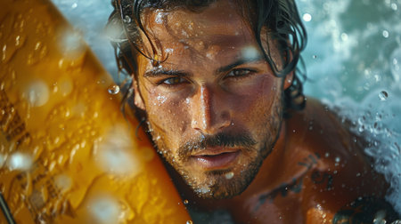 A detailed view of a mans hand as he grips a black umbrella tightly on a rainy day.の素材