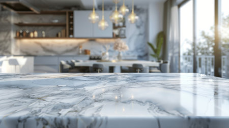 A sleek modern kitchen featuring a luxurious marble countertop, with stainless steel appliances and minimalist design elements.の素材