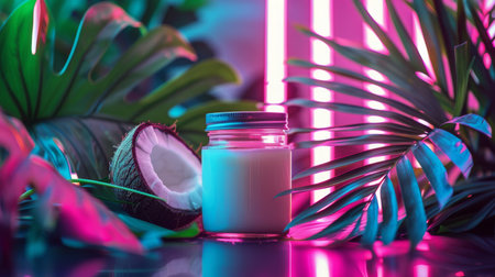 A half-eaten coconut rests next to a glass filled with fresh coconut milk, showing the process of enjoying coconut fruit.の素材