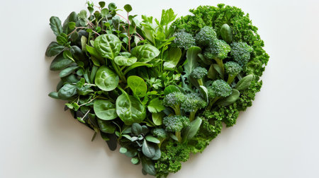 Heart-shaped arrangement of various green leafy vegetables, creating a visually appealing and vibrant display.の素材
