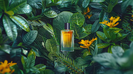 A perfume bottle rests on top of a vibrant green plant, creating a juxtaposition of artificial and natural elements.の素材
