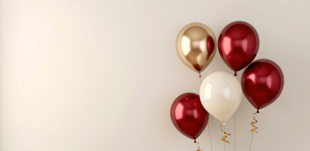 red, gold, and white balloons are floating across a white background.の素材