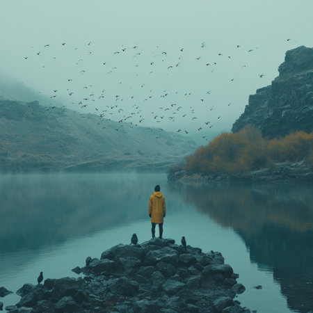 person standing on a rocky path next to lake and birds.の素材