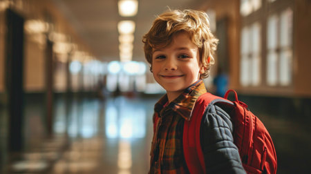 portrait of a cheerful boy with a blue backpack runs along the school corridor.の素材