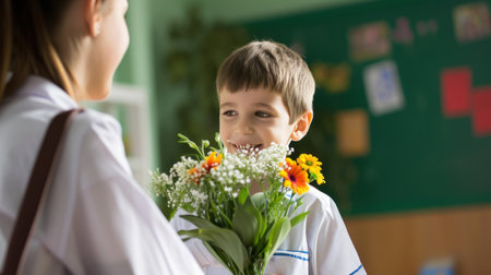 cheerful boy gives a bouquet of flowers to his teacher.の素材
