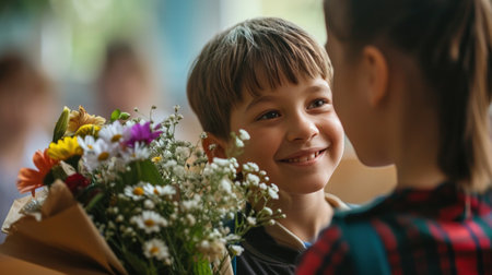 cheerful boy gives a bouquet of flowers to his teacher.の素材