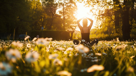 Capture the tranquility of a yoga session amidst blooming nature.の素材