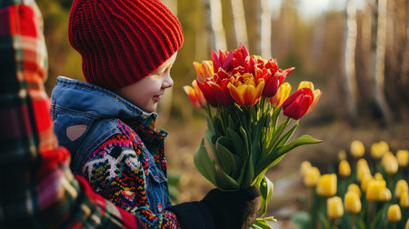 an 8-year-old boy in a knitted red hat gives his mother a bouquet of tulips.の素材
