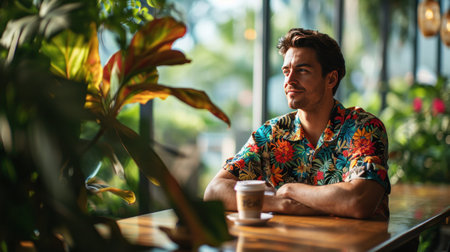 business man in colorful hawaian shirt drings coffee in modern office.の素材