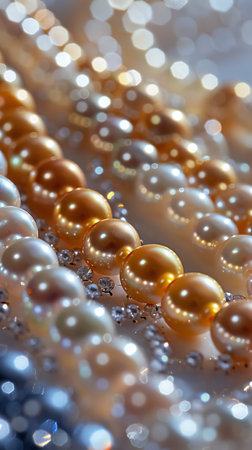 A group of white pearls is arranged neatly on top of a table, reflecting light in a pristine display.の素材