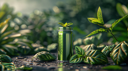 A can of green tea is placed in the center, surrounded by vibrant green leaves in various shapes and sizes.の素材