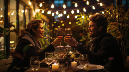 A man and a woman sitting at a dinner table, holding wine glasses, and clinking them together in a toast.の素材