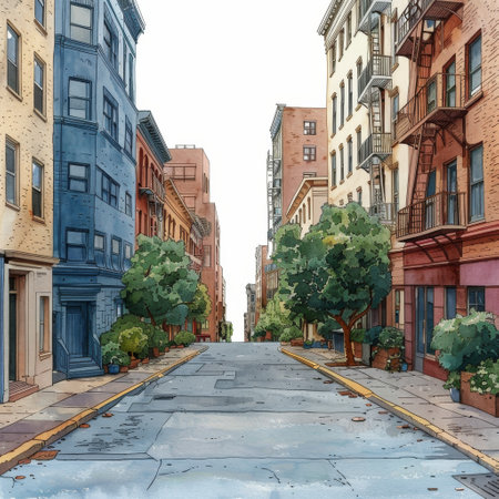 A watercolor painting depicting a blue and orange house with a vibrant and colorful palette.の素材