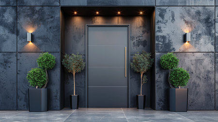 A modern entrance to a building with two trees lining the pathway.の素材