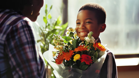 cheerful boy gives a bouquet of flowers to his teacher.の素材