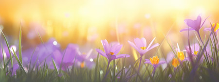 a few flowers on grass in the sunlight.の素材