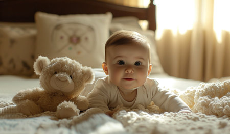 a baby dressed in a hood with a bear.の素材