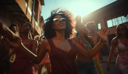 a group of people having fun wearing sunglasses and dancing.の素材