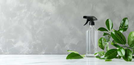 a spray bottle containing leaves and leaves near a table.の素材