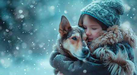 a small girl is hugging a dog in the snow.の素材