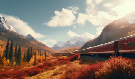 a train is traveling through mountain ranges in autumn.の素材