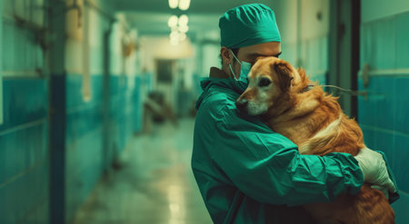 a vet examines a dog in the clinic/veterinary clinic.の素材