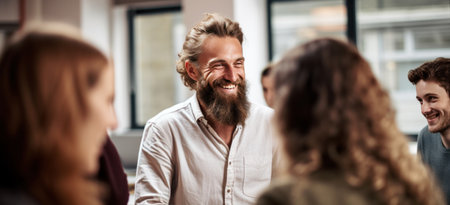 a white male worker with a beard smiling at other students.の素材
