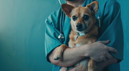 a vet examines a dog in the clinic/veterinary clinic.の素材