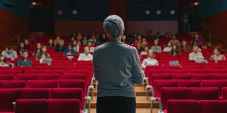 an aging lecturer is in front of the audience.の素材