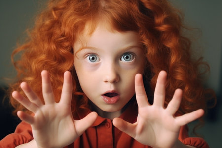 child with red curly hair holding hands and making faces.の素材