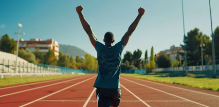 athlete at the finish line of the race and celebrates crossing it with his arms up.の素材